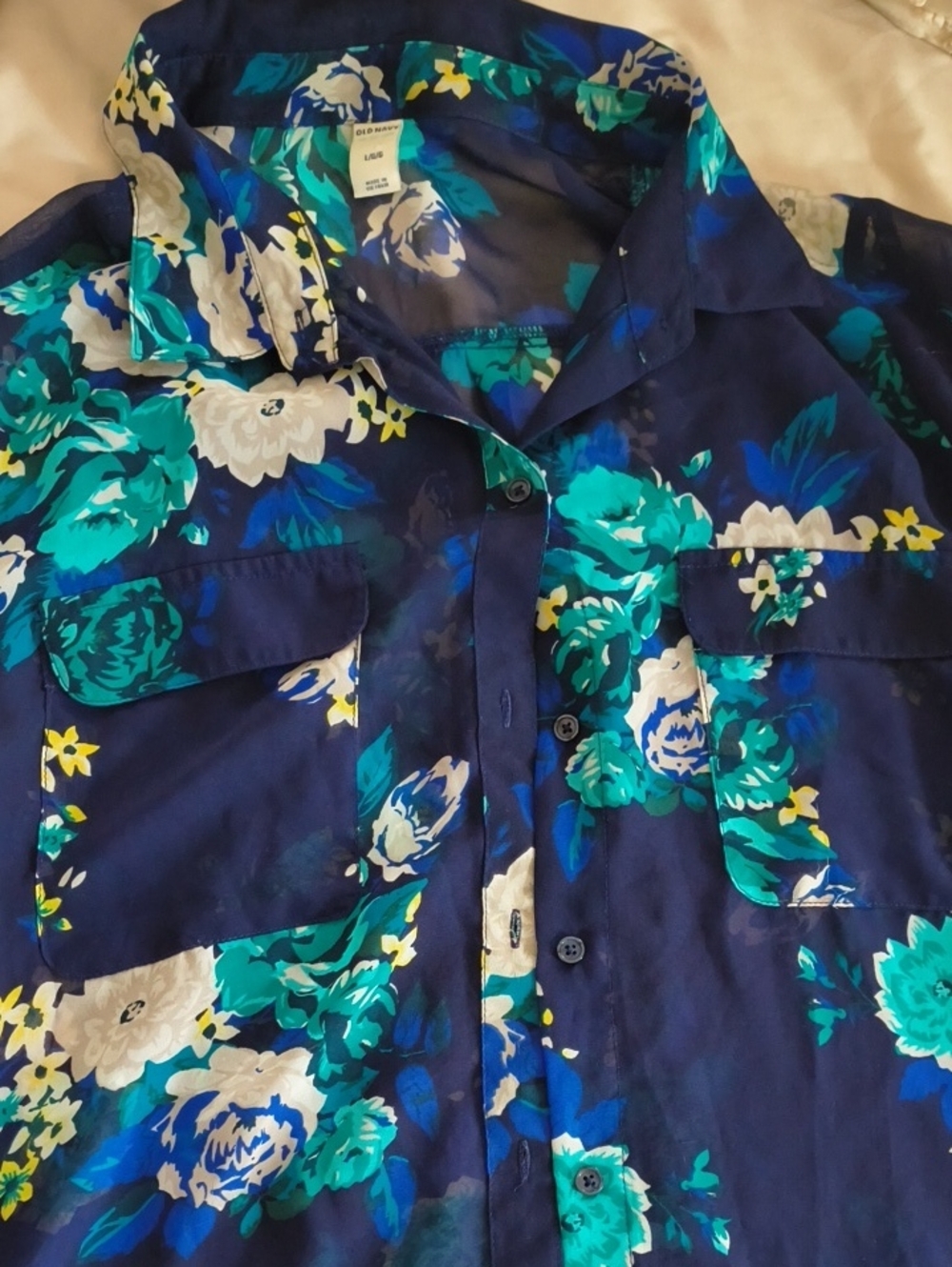 Old Navy Navy Floral Button-Down Shirt with Teal & White Blooms